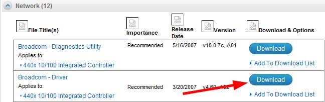 You need the driver for Broadcom 440x 10/100 Integrated Controller. Is that the one you tried?