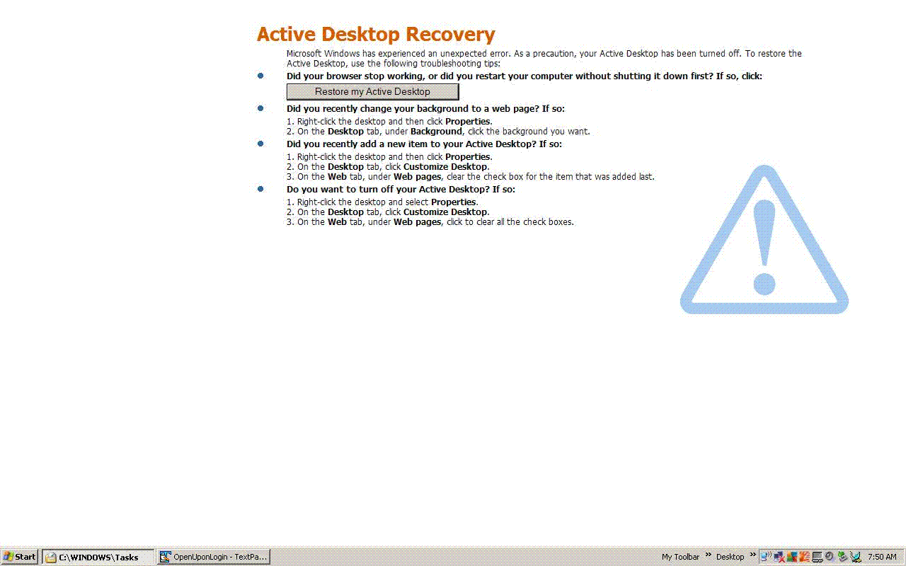 natuurlijk haar Parameters Active Desktop Recovery" - TFC? - Microsoft Windows™